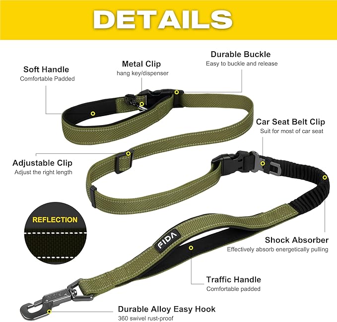 Fida 6-in-1 Hands Free Dog Leash Heavy Duty, Reflective Wasit Corssbody Dog Leash with Car Seat Clip | Adjustable for Running Hiking | Shock Absorbing Bungee, Dual Padded Detachable Handles (Green)