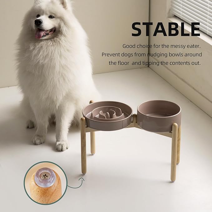 3.2 Cup Ceramic Raised Slow Feeder Dog Bowl Set, Elevated 8.2inch Bowl and 9.5inch Puzzle Slow Food Dish with Wooden Stand for Large Dog, Anti-Gulping (2 x Brown Coffee+ Stand)