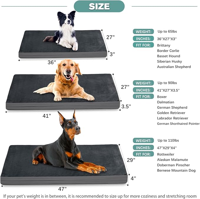 Waterproof XXL Dog Beds Large Sized Dogs, Washable Crate Pad 48 inch, Jumbo XXLarge Foam Orthopedic Pet Bed with Removable Cover Reversible, Anti-Slip Kennel Pad, 47"x29", Dark Gray