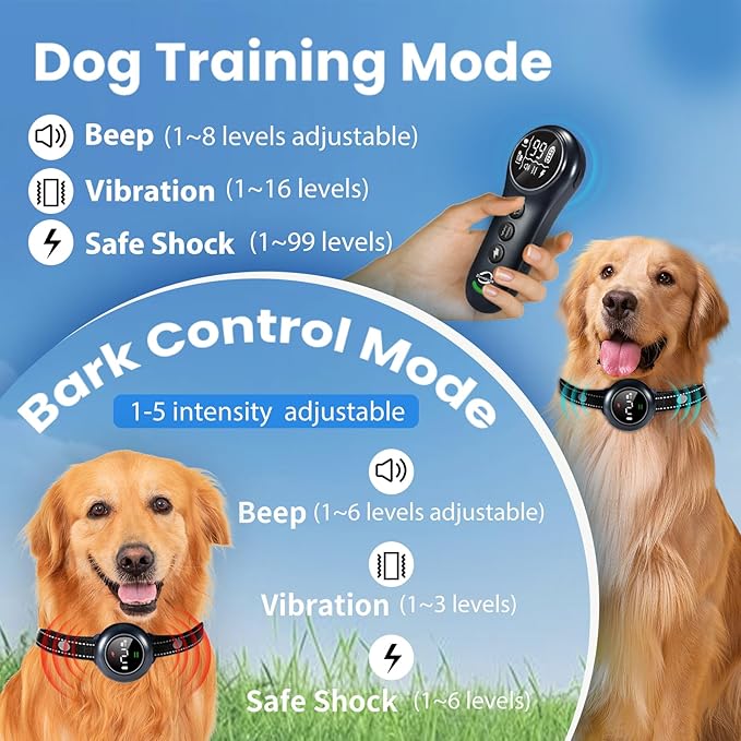 2-in-1 Shock Collar for Dogs & Dog Training Collar with Remote Control 3300FT, Dog Bark Collar with IP67 Waterproof 5 Level Sensitivity, Rechargeable E Collar for Small Medium Large Dogs - Black