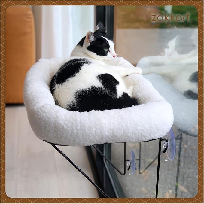 Zakkart Cat Window Perch - 100% Metal Supported from Below - Comes with Warm Spacious Pet Bed - Cat Window Hammock for Large Cats & Kittens - for Sunbathing, Napping & Overlooking (White)