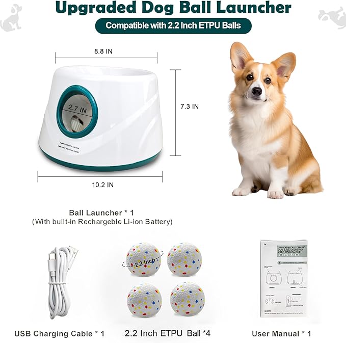 Automatic Dog Ball Launcher, Upgraded Interactive Dogs Balls Thrower for Small and Medium Dogs, Distance Adjustable Mental Stimulating Dog Toys with 4 Durable Etpu Balls 2.2 Inch (Dark Green)