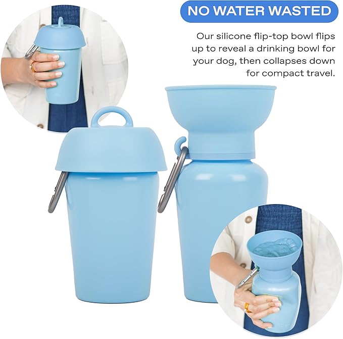 Springer by Springland Flip Portable Dog Water Bottle with Foldable Food Grade Silicone Bowl - 20 Ounce Travel Dog Water Bottle Ideal for Camping - Easy Squeeze Hydration & Release to Drain