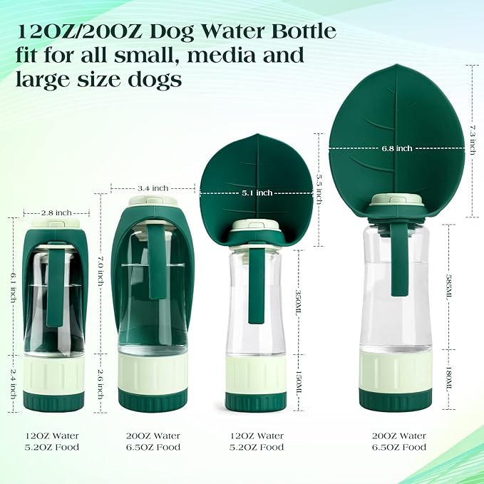 Dog Water Bottle Dispenser for Walking, Pet Water Feeder Container Portable with Drinking Cup Bowl Outdoor Hiking, Travel 20OZ Large Green