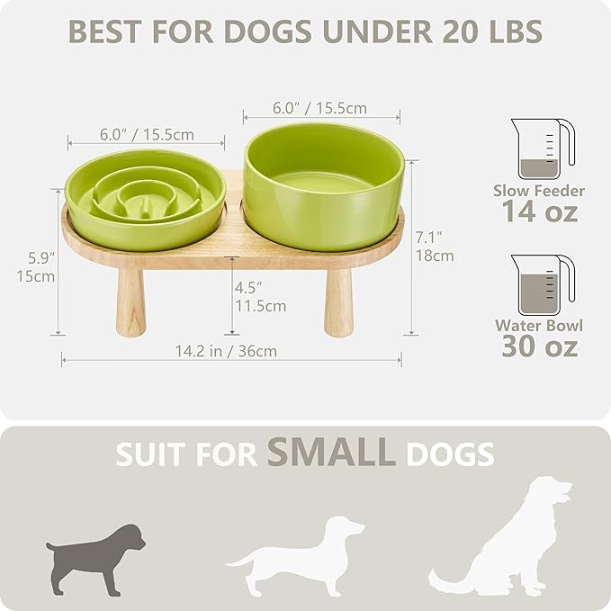 Ceramic Slow Feeder and Water Bowl Set for Small Dogs, 6.0inch Ceramic Dog Bowls Elevated with Wooden Stand, 0.6 Cups Dog Slow Feeder(14oz) and 30oz Water Bowl Set, Green