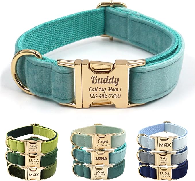 Velvet Personalized Dog Collar with Name - Customizable Dog Collar with Quick Release Metal Buckle - Leash and Bow Tie Available (Turquoise, XS)