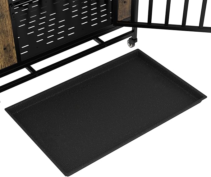 32 Inch Heavy Duty Dog Crate Furniture, Indestructible Wooden Dog Cage Kennel with Lockable Wheels and Removable Tray, Indoor Escape Proof Dogs House for Small Medium Dogs for Living Room Bedroom