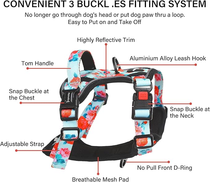 Petmolico No Pull Dog Harness Set with Leash Attachment Easy Control Handle Reflective Harness Vest Small Breed, Puppy Vest and Leash Set with Poop Bag Holder, Small - Green Flowers