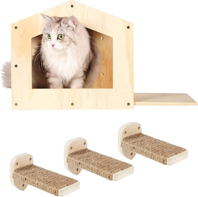 Cat Shelves with 3 Steps Scratching Post and Hammock Bed - Wall Mounted Climbing Condo for Indoor Cats (Wood)