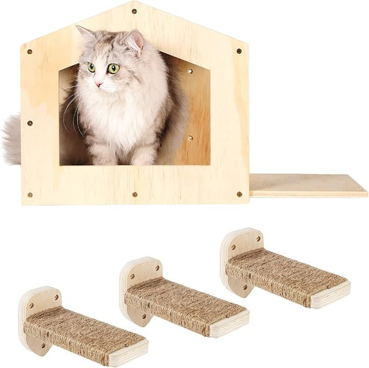 Cat Shelves with 3 Steps Scratching Post and Hammock Bed - Wall Mounted Climbing Condo for Indoor Cats (Wood)