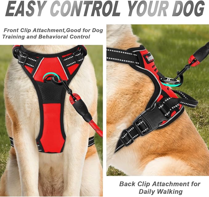 BARKBAY No Pull Dog Harness Front Clip Heavy Duty Reflective Easy Control Handle for Large Dog Walking(Red,XL)
