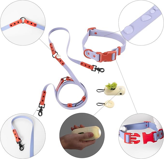 WLK1006E-5SET Luna Large 8FT Adjustable 6-in-1 Waterproof Hands-Free Leash and Collar with LED Flashlight, Bag Dispenser, and Poop Bag Holder, Sangria