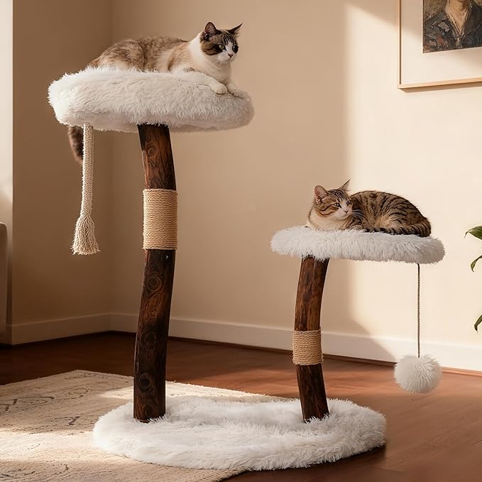 Modern Cat Tree Tower for Indoor Cats, Natural Solid Wooden Branch with Sisal Scratching Post, Log Hardwood for Char-Grilling, Style Cat Furniture with Perches Platform & Toy Ball