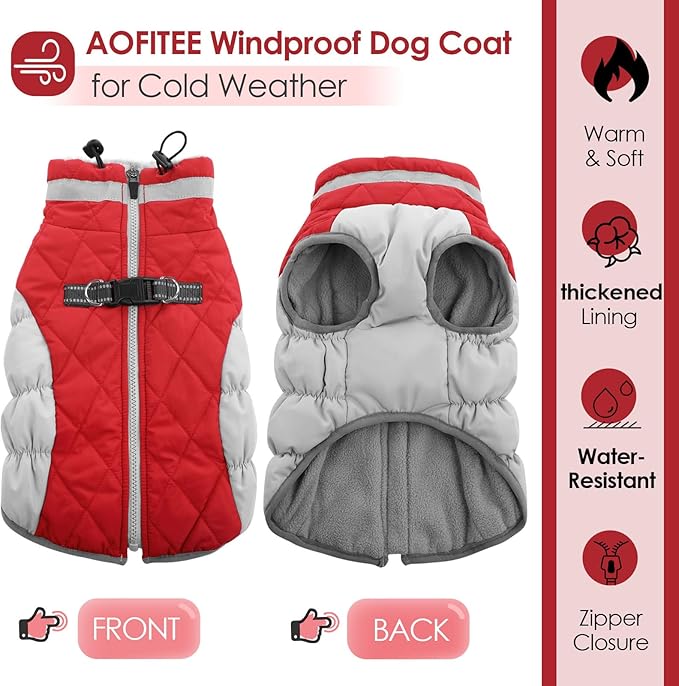 AOFITEE Dog Coat, Warm Dog Winter Coat, Reflective Turtleneck Large Dogs Jacket with Harness Built in, Turtleneck Pet Winter Jacket, Waterproof Pet Snow Jackets Fleece Vest, Christmas Red XL