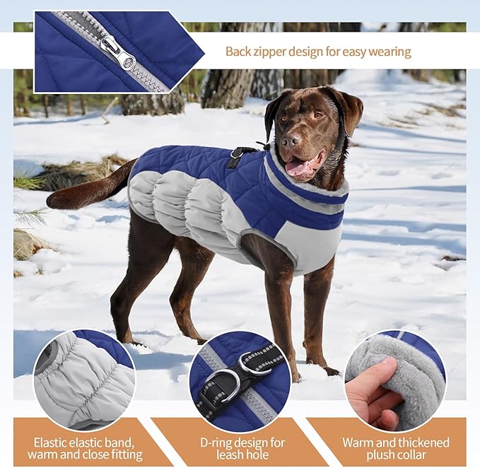 Dog Coats for Large Dogs,XL Dog Coat,Warm Fleece Winter Coat with D-Ring,Back Zipper Pet Jacket for Large Dogs,Waterproof Pet Snow Jacket Clothes Snowsuit Beagle Corgi Border Collie,Blue,XL