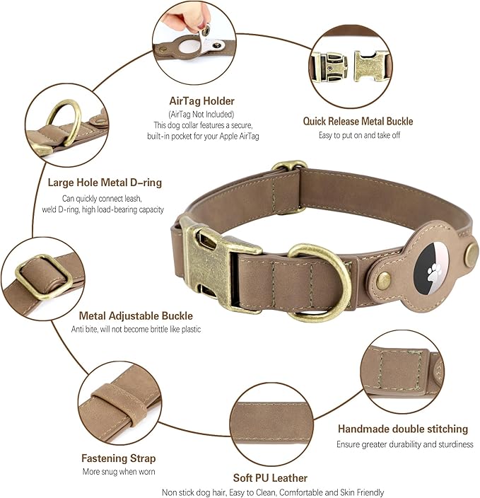 AirTag Dog Collar for Medium Dogs - Soft Leather Dog Collar with Apple AirTag Holder and Metal Buckle - Smart Tracker GPS Apple Air Tag Pet Collars(Brown, M)