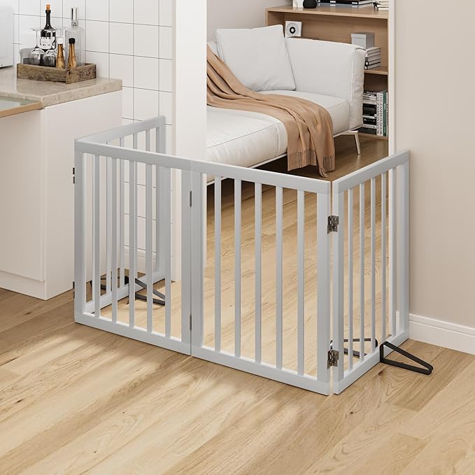 Wooden Dog Gate Freestanding Foldable Pet Gate 4 Panel Fully Assembled Dog Gates for Doorways House Stairs