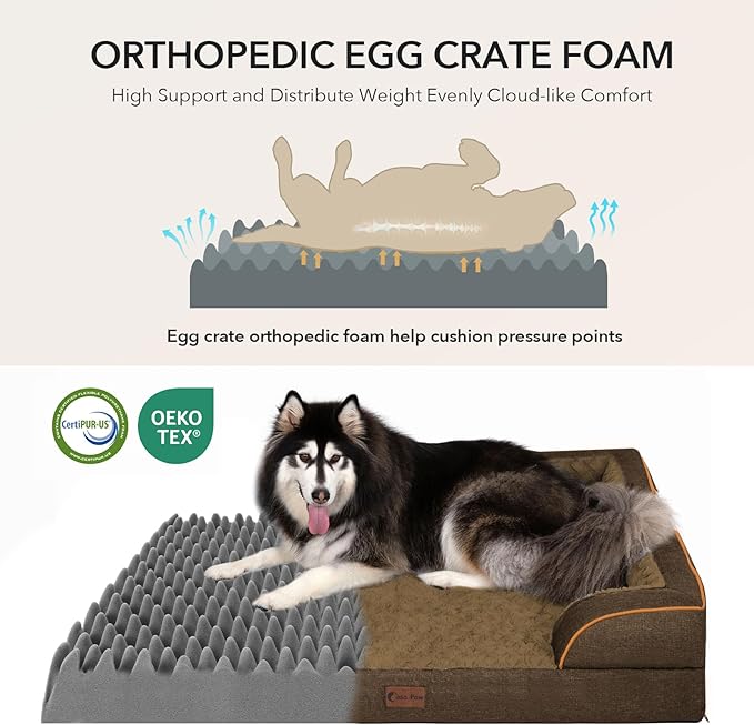 Orthopedic Dog Beds for Extra Large Sized Dogs, Waterproof Memory Foam XL Pet Bed with Sides 48x30Inch, Non-Slip and Egg-Crate Foam Big Dog Couch Bed with Removable Washable Cover, Brown