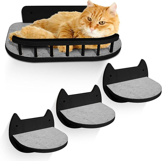 Cat Wall Shelves with 3 Steps – Modern Wood Wall Mounted Furniture, Climber & Perch Shelf for Cats up to 30lbs – Sturdy Floating Bed for Large Cats - Black