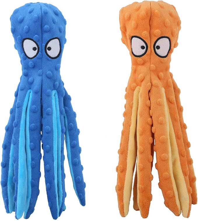 Octopus Squeaky Plush Dog Toys - No Stuffing, Crinkle, Durable for Puppy Teething, Small to Large Dogs, 2 Pack