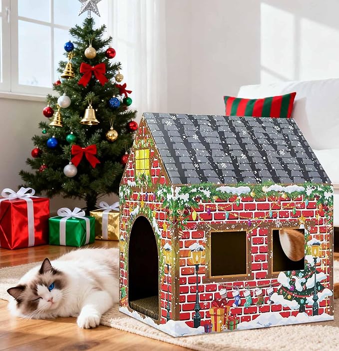 Christmas Cardboard Cat House with Scratch Pad Large Christmas Cat Scratching Playhouse Scratcher House for Indoor Xmas Cats Cardboard Cat Play Box (Red and Green)