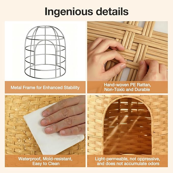 Cat Litter Box Hidden Planter Enclosure, Handwoven PE Rattan Cat Bed Cave House, Wicker Cats Toilet Furniture for Indoor Corner Living Room Bedroom Balcony