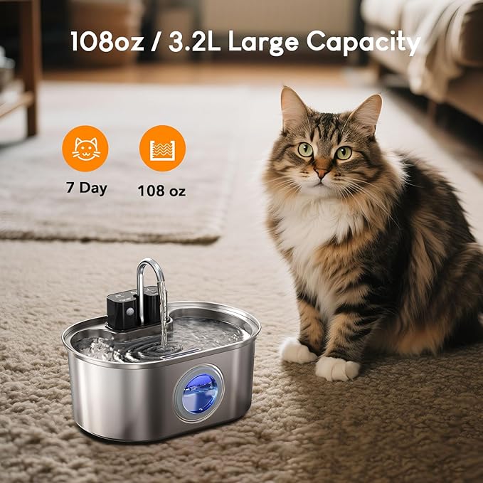 Wireless Cat Water Fountain Stainless Steel:108oz/3.2L Battery Operated Cat Fountains for Drinking Indoor, Automatic Pet Water Dispenser with Motion Sensor,Ultra Quiet Pump,Multi-Filtration(2 Filters)