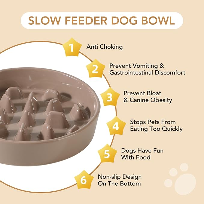 Ceramic 3.2 Cup Raised Slow Feeder Dog Bowl Set, Elevated 8.2inch Bowl and 9.5inch Slow Pet Food Dish with Wooden Stand for Large Dog (2 x Brown Coffee+ Stand)