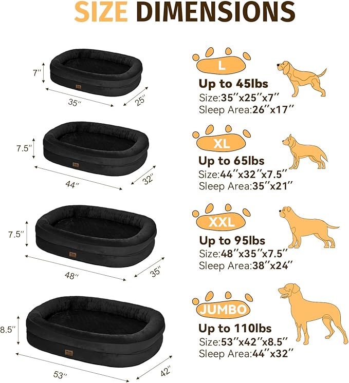 Orthopedic Washable Large Dog Bed: Cooling Memory Foam Dog Bed with Bolsters - Jumbo Bed Waterproof Removable Cover Non-Slip Bottom Pet Bed for Extra Large Sized - Black