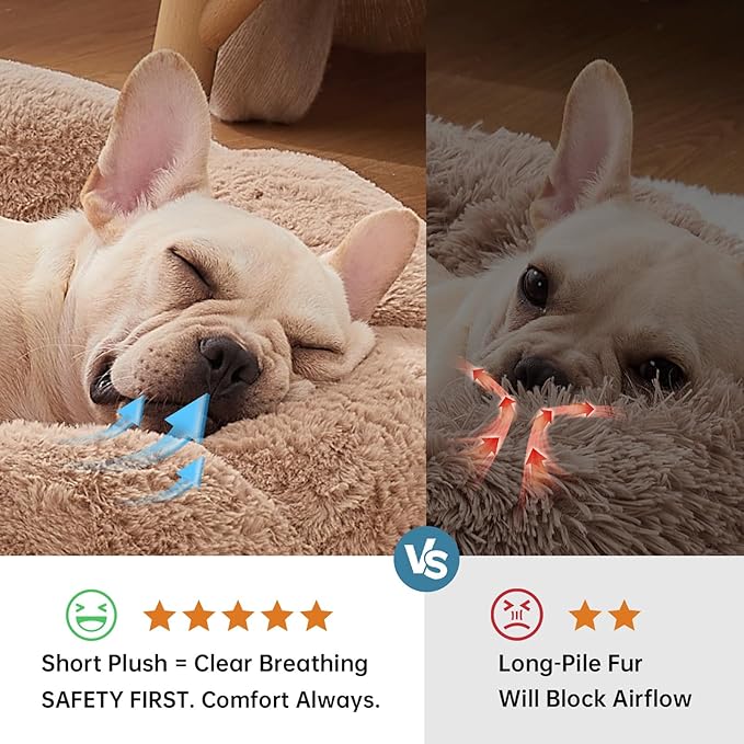 OhGeni 27 inches Calming Donut Dog & Cat Bed for Medium Pets, Warming Comfort Fluffy Short Pile Fur, Durable Machine Washable Round Bed, Cute Round Bed for Puppy and Kitten, Camel