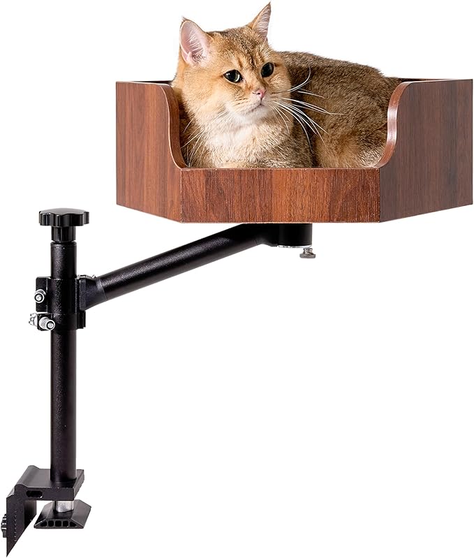 Adjustable Cat Desk Bed with Dual-Protection Locking & 360° Rotation - Super Sturd Space-Saving Perch, Easy Install Modern Design - Supports 28lbs (Walnut/Aluminum Surface)