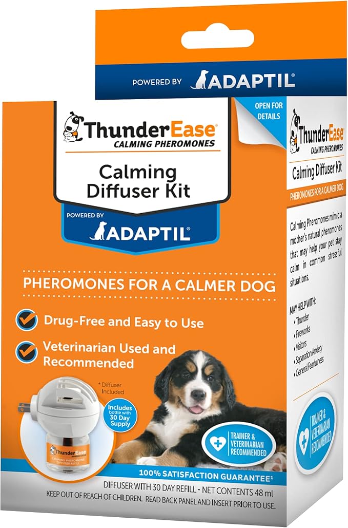 ThunderEase Dog Calming Pheromone Diffuser Kit | Powered by ADAPTIL | Vet Recommended to Relieve Separation Anxiety, Stress Barking and Chewing, and the Fear of Fireworks and Thunderstorms (60 Day Sup