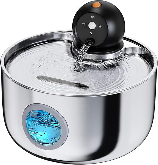 Wireless Cat Water Fountain Cordless: Stainless Steel Cat Fountains for Drinking - 88oz/2.6L Battery Operated Pet Water Fountain Indoor with Motion Sensor - Rechargeable Automatic Water Dispenser
