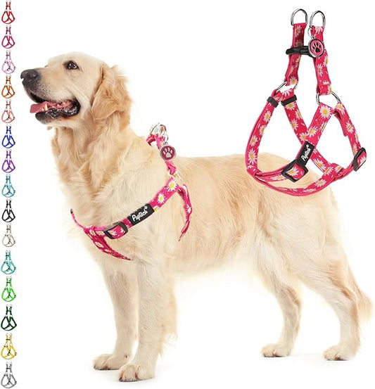 PUPTECK No Pull Dog Harness Soft Adjustable Basic Nylon Step in Puppy Vest Outdoor Walking with ID Tag, Fuchsia Daisy, L