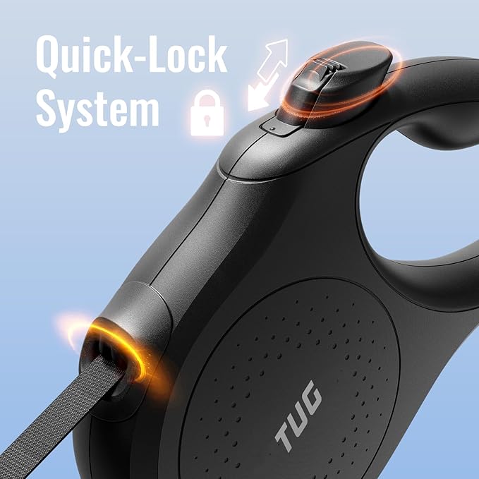 TUG Quest Retractable Dog Leash | 360° Tangle-Free Retraction | 16 ft Strong Nylon Tape (Small, Black)