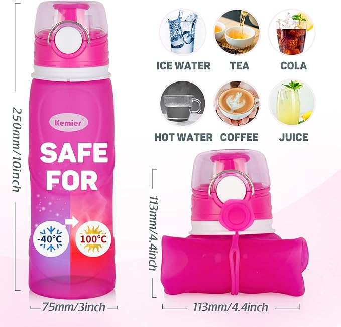 Kemier Collapsible Silicone Water Bottles-750ML,Medical Grade,BPA Free Travel Water Bottle Can Roll Up,26oz,Leak Proof Foldable Sports & Outdoor Water Bottles