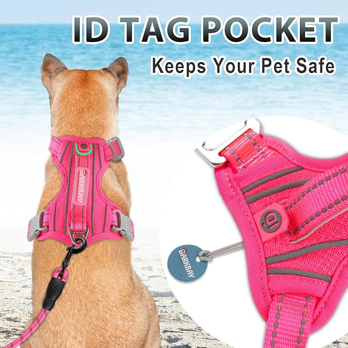 BARKBAY No Pull Dog Harness 3 Buckles Large Reflective Dog Harness with Front Clip and Easy Control Handle for Walking Training Running with ID tag Pocket(Pink,M)
