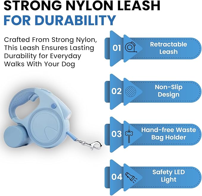 Retractable Dog Fancy Leash with Flashlight and Dispenser, 16 ft Dog Retractable Leash is Perfect for Safe and Comfortable Walking with Your Pet - Suitable for Dogs - Blue