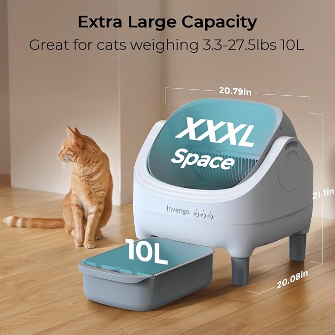 Automatic Cat Litter Box Self Cleaning, App Control, Open-Top Automatic Litter Box with Safety Sensors, Ultra-Quiet, 10L Waste Bin with Odor Control, 2 Rolls of Garbage Bags, LightGrey
