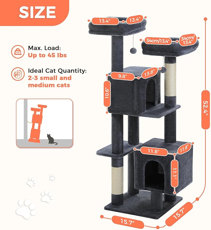 Cat Tree, 52.4 Inch Multi-Level Cat Tower for Indoor Cats with Dual Padded Top Perches, 2 Condos & Scratching Posts, Plush Cat Furniture for Kittens and Medium Cats, Dark Grey