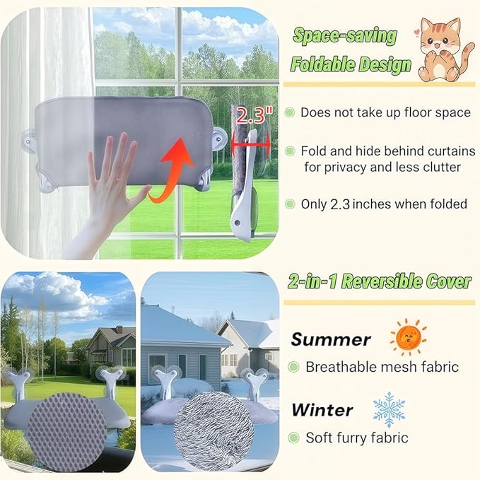Cat Window Perch Hammock, 6 Suction Cups, 55 Lbs for Large Cats/Multiple Cats, Seat Bed, Indoor Foldable Design with Thickened Metal Frame. Dual-Sided Washable Mat