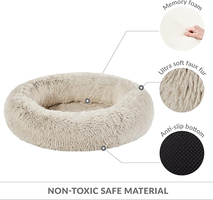 Friends Forever Serena Donut Memory Foam Orthopedic Dog Bed, Soft Faux Fur Oval Cat Couch For Indoor Pet, Fluffy Calming Plush Shag, Round Raised Bolster Cushion, Machine Washable Cuddler, Tan