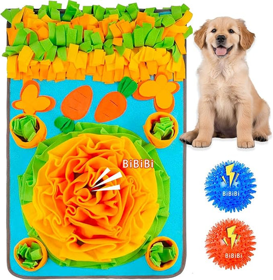 Snuffle Mat for Dogs - Interactive Dog Feeding Mat with Squeaky Center & 2 Spikey Balls | Mental Enrichment Toy for Small, Medium, Large Dogs | Slow Feeder, Machine Washable, Non-Slip Base