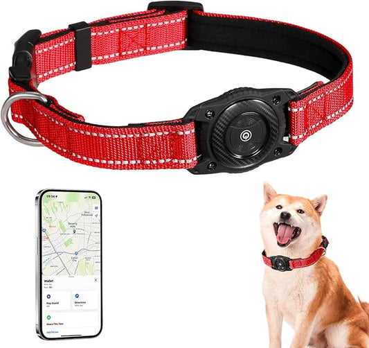 Tracking Collar for Dogs Waterproof Adjustable Air Tag Dog Collar Holder, Comfortable Dog Collars for Small Medium Large Dogs (Red, M)