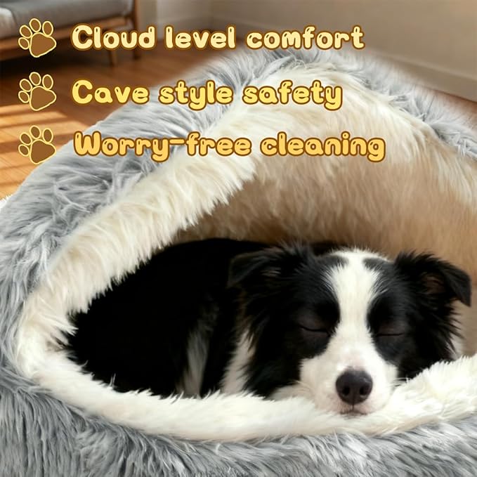 ShinHye Round Plush Fluffy Hooded Cat Bed Cave, Cozy for Indoor Cats or Small Dogs, Waterproof Bottom, Washable（35 in）