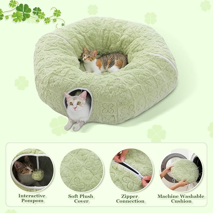 PEQULTI Cat Tunnel with Bed for Indoor Cats, Cat Play Donut Tunnel with Washable Soft Plush Mat, Round Tube Toys Cute Tube for Kittens, Puppies, Rabbits and Ferrets, Green