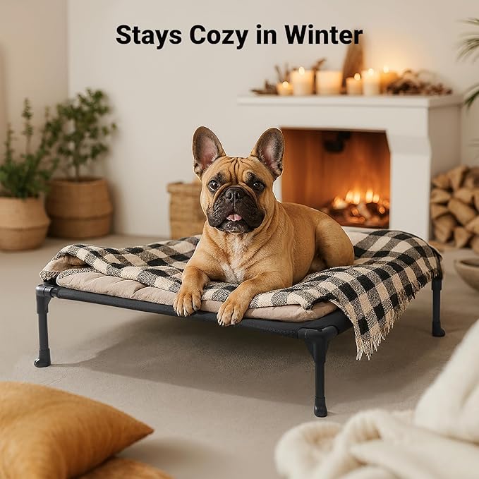 Veehoo Outdoor Elevated Dog Bed for Medium Dogs, Cooling Raised Dog Cot Off Ground Hammock Pet Beds with Breathable Mesh, No-Slip Feet, 32"x25", Black