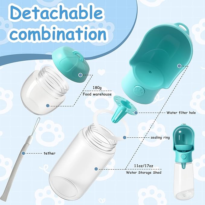 11OZ Portable Dog Water Bottle with Food Container | BPA-Free | Leak-Proof | Perfect for Outdoor Walks (Blue, 11OZ)