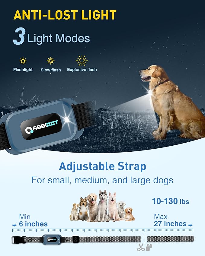 ABBIDOT Dog Shock Collar, 4500FT Dog Training Collar with Remote，IPX7 Waterproof Rating，6 Training Modes (Beep, Vibration, Safe Shock), Enhanced Night Light, Rechargeable E-Collar for Dogs 10-130 lbs