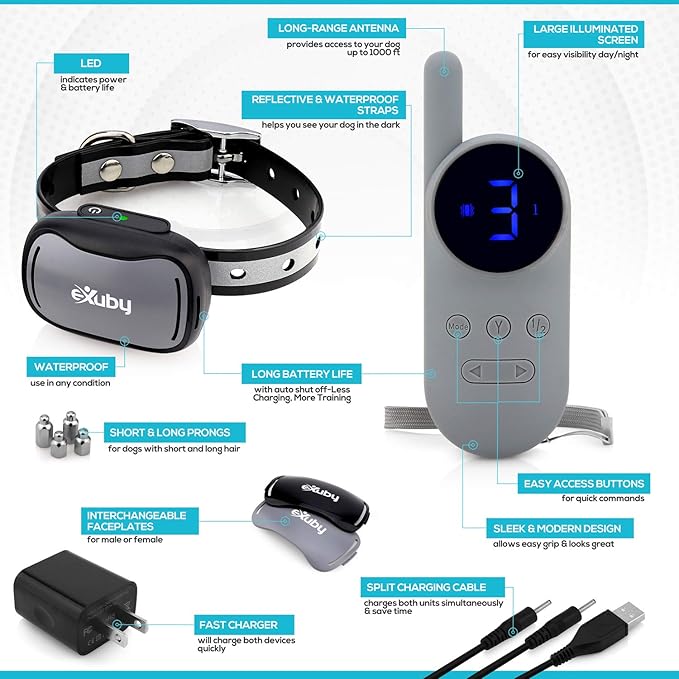 eXuby - Tiny Shock Collar for Small Dogs 5-15lbs - Smallest Collar on The Market - Sound, Vibration, & Shock - 9 Intensity Levels - Pocket-Size Remote - Long Battery Life - Water-Resistant - Gray